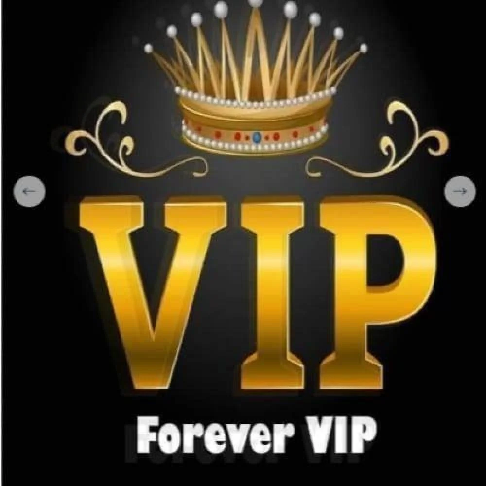 VIP - مؤسسة العبقري الصغير للتجارة الالكترونية Gold 'VIP' text with crown emblem on a black background, conveying luxury branding for Forever VIP.