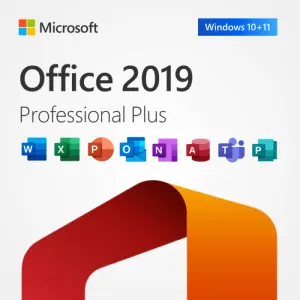 Microsoft Office 2019 Professional Plus software cover with Windows 10/11 badge and colorful app icons.