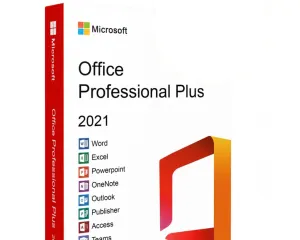 Microsoft Office Professional Plus 2021 boxed software package with Word, Excel, PowerPoint and other apps listed