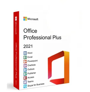Microsoft Office Professional Plus 2021 boxed software package with Word, Excel, PowerPoint and other apps listed