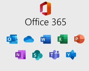 Office 365 logo with row of app icons: Outlook, OneDrive, Word, Excel, PowerPoint, OneNote, SharePoint, Teams, and Yammer.