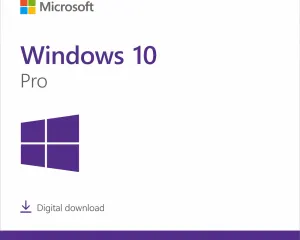 Microsoft Windows 10 Pro software cover featuring Windows logo and 'Digital download' label, with purple bottom bar