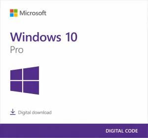 Microsoft Windows 10 Pro software cover featuring Windows logo and 'Digital download' label, with purple bottom bar