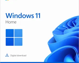 Microsoft Windows 11 Home product box with Windows logo, digital download label, and decorative blue swirls at the bottom right.
