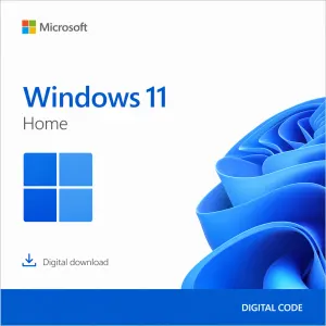 Microsoft Windows 11 Home product box with Windows logo, digital download label, and decorative blue swirls at the bottom right.