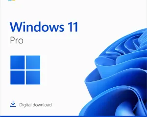 Microsoft Windows 11 Pro box art with the Windows logo tiles and blue abstract design, labeled Digital download.