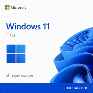 Microsoft Windows 11 Pro box art with the Windows logo tiles and blue abstract design, labeled Digital download.