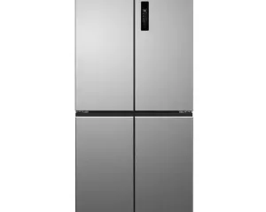 Stainless steel four-door French-door refrigerator with bottom freezer and a vertical control panel on the right.