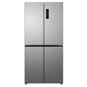 Stainless steel four-door French-door refrigerator with bottom freezer and a vertical control panel on the right.