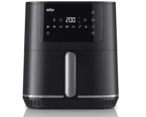 Black air fryer with a silver vertical handle and a digital touchscreen showing 200°C and cooking icons at the top center of the unit