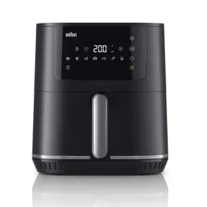 Black air fryer with a silver vertical handle and a digital touchscreen showing 200°C and cooking icons at the top center of the unit