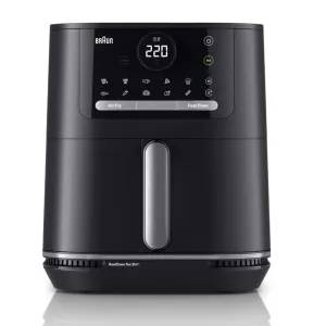 Black Braun Real Oven 2-in-1 countertop air fryer/oven with a central touchscreen display and a vertical silver handle on the front panel, set to 220°C.