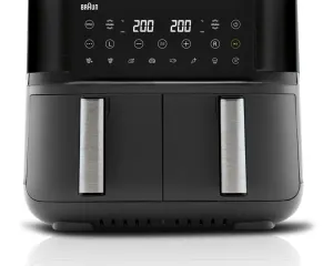 Front view of a Braun dual-basket air fryer with two metal handles and a digital control panel showing temperatures