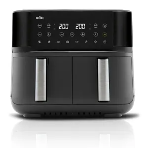 Front view of a Braun dual-basket air fryer with two metal handles and a digital control panel showing temperatures