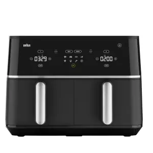 Black dual-basket air fryer with digital control panel and silver handles, Braun brand visible on top left.