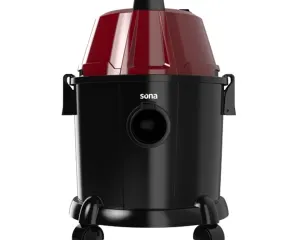 Canister vacuum cleaner with a red dust container on a black body and four wheels (brand Sona)