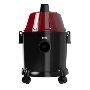 Canister vacuum cleaner with a red dust container on a black body and four wheels (brand Sona)