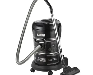 Black canister vacuum cleaner with flexible hose and floor head attached, labeled 'Turbo Power Extra'