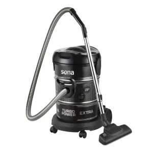 Black canister vacuum cleaner with flexible hose and floor head attached, labeled 'Turbo Power Extra'