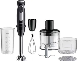 dada-0718 - مؤسسة العبقري الصغير للتجارة الالكترونية Braun hand blender with whisk, chopping attachment, grinder, measuring beaker, and metal disc accessory.