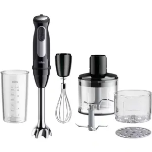 Braun hand blender with whisk, chopping attachment, grinder, measuring beaker, and metal disc accessory.