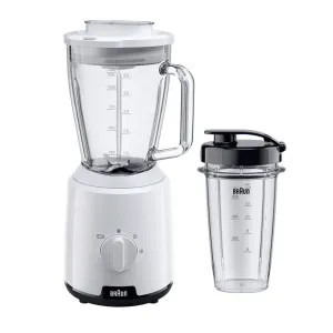 White Braun blender with a glass pitcher and a separate travel cup on a white background; dial on the base is visible.
