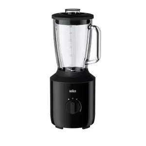 Black Braun blender with a glass pitcher, side handle, and a control dial on the black base.