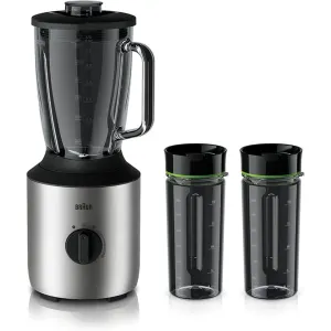 Braun blender with a stainless base, glass pitcher, and two black travel bottles with green accents beside it.