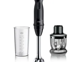 Braun hand blender with blending shaft, plus a measuring beaker and a mini chopper attachment.