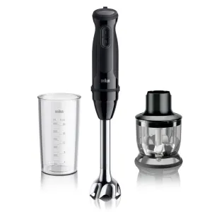Braun hand blender with blending shaft, plus a measuring beaker and a mini chopper attachment.
