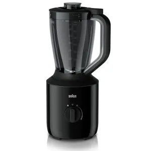 Black Braun blender with tall glass pitcher and dial on the black base.