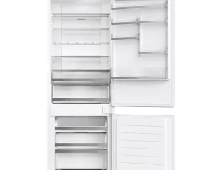 White four-door refrigerator with doors open, showing upper fridge shelves and bottom freezer drawers