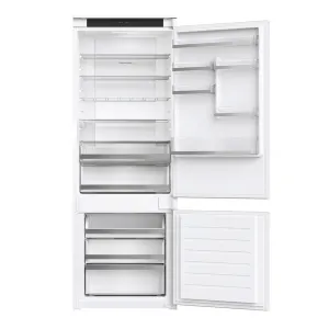 White four-door refrigerator with doors open, showing upper fridge shelves and bottom freezer drawers