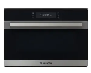 Built-in stainless steel oven with a black glass door and long silver handle; Ariston logo on the bottom panel.
