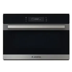 Built-in stainless steel oven with a black glass door and long silver handle; Ariston logo on the bottom panel.