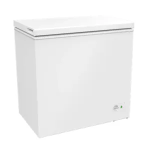 White chest freezer with a top-opening lid and a small front control knob on the lower right.