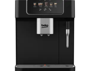 dada-0730 - مؤسسة العبقري الصغير للتجارة الالكترونية BeKO espresso machine with black body, silver brew head, and stainless steam wand on the right; top digital control panel showing coffee options.