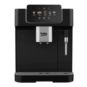 BeKO espresso machine with black body, silver brew head, and stainless steam wand on the right; top digital control panel showing coffee options.