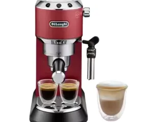 Red DeLonghi espresso machine with a steam wand, two glass cups brewing espresso, and a frothy coffee cup on the side.