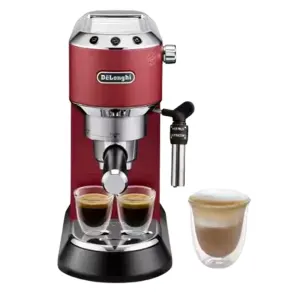 Red DeLonghi espresso machine with a steam wand, two glass cups brewing espresso, and a frothy coffee cup on the side.