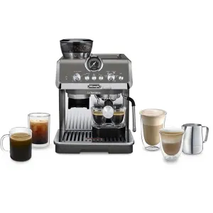 De'Longhi espresso machine with crema shots, surrounded by glass mugs and frothing pitcher. Alternative beverages shown on a white background.