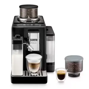 De'Longhi Rivella espresso machine with milk frother and bean hopper, a glass of espresso on the drip tray, and extra bean container beside it.