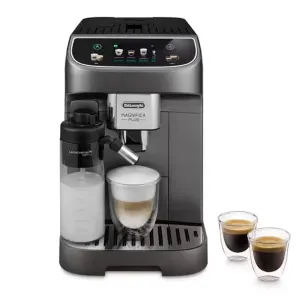 DeLonghi Magnifica Plus automatic coffee machine with milk frother and two espresso cups beside it