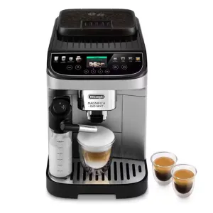 Fully automatic espresso machine with built-in grinder and milk frother brewing a cup, with two espresso shots beside it.