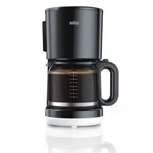 Braun drip coffee maker with a glass carafe filled with dark coffee and measurement marks on the side, white base and black handle.