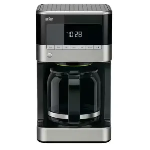 Black and silver automatic drip coffee maker with a digital clock display and glass carafe, viewed from the front