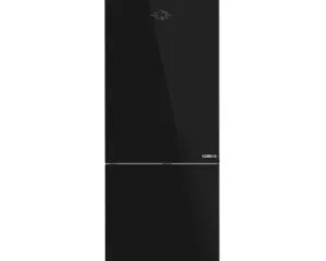 Tall black double-door refrigerator with bottom freezer and a small control panel on the top door (glossy finish).