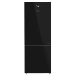 Tall black double-door refrigerator with bottom freezer and a small control panel on the top door (glossy finish).
