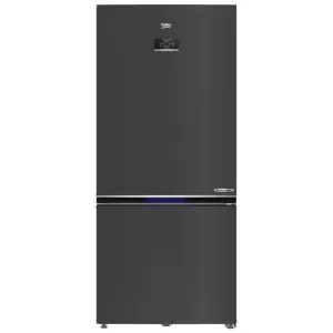 Black Beko refrigerator with top fridge and bottom freezer, digital control panel on the upper door