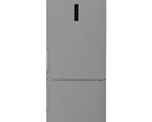 Tall grey Ariston refrigerator with two compartments (top and bottom) and vertical handles on the left side.